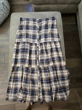 Plaid Tiered Button-Front Women's Skirt - Blue & Cream